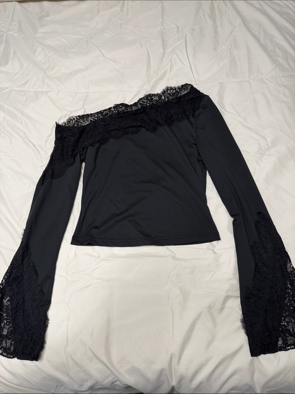 Black Off-Shoulder Lace Trim Long-Sleeve Top